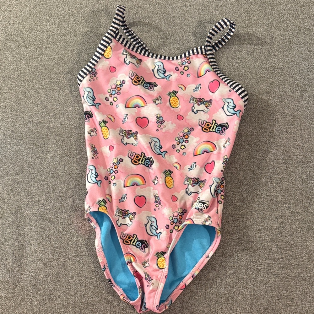 5/$15- Pink Patterned Swimsuit with Striped Straps